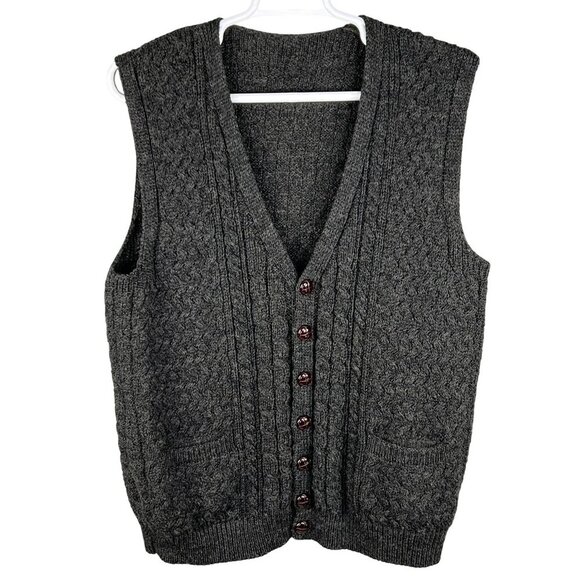 Woolmark Wool Men L Made In Ireland Cable Knit Vest Pocket Fisherman Grandpacore - Picture 3 of 14